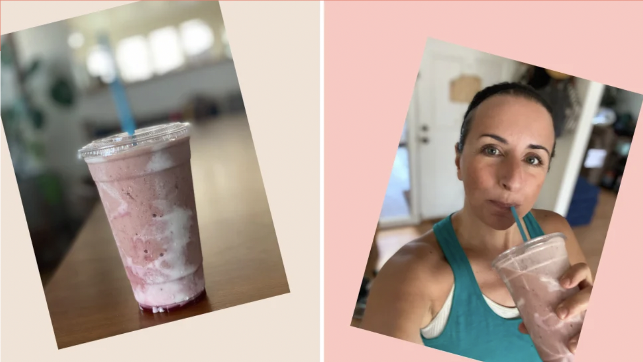 An image of the Hailey Bieber skin smoothie and a picture of the writer sipping it from a straw. 