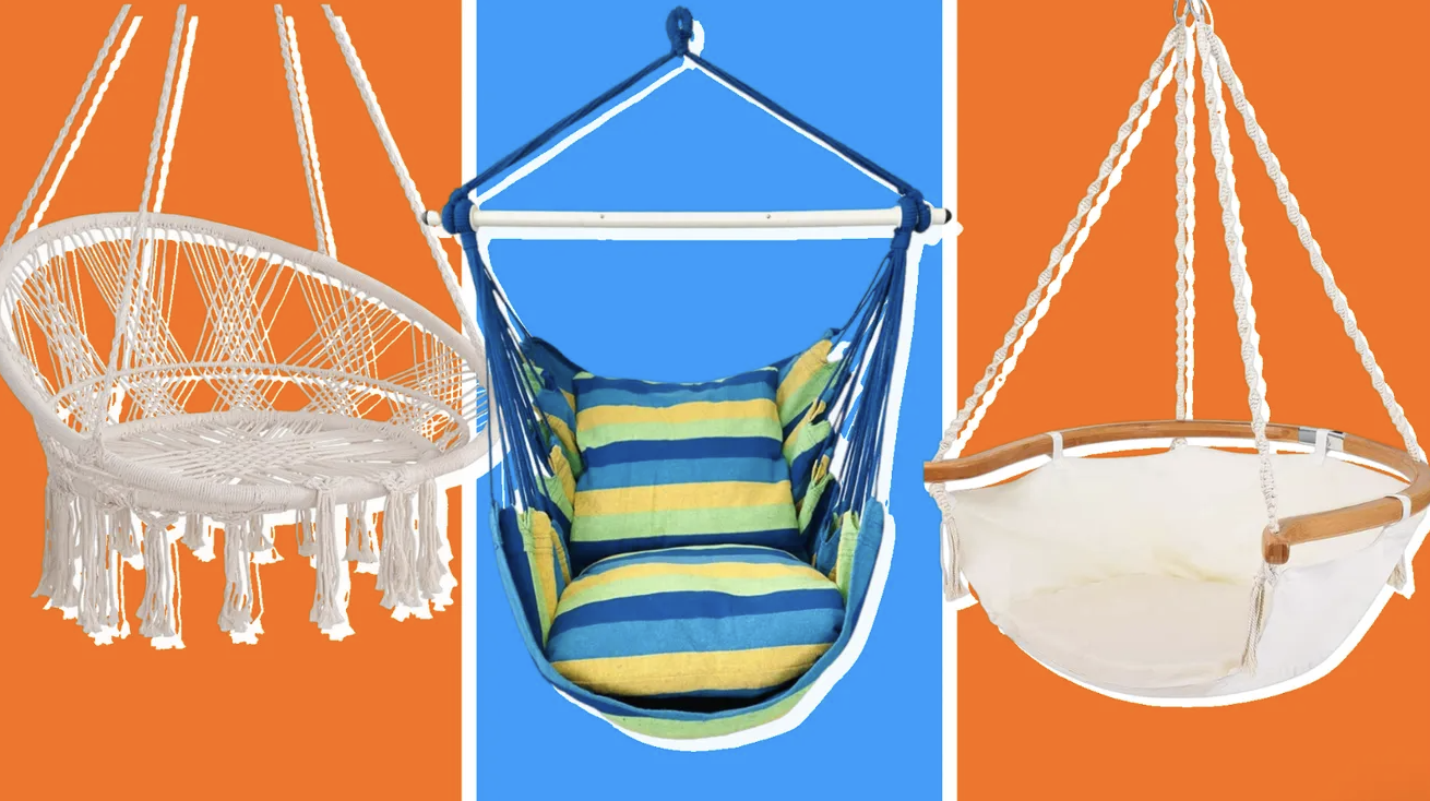 Three hammock chairs on a blue and orange backgrounds. The one in the middle is tropical, the one on the left is macrame, and the one on the right is simple white.