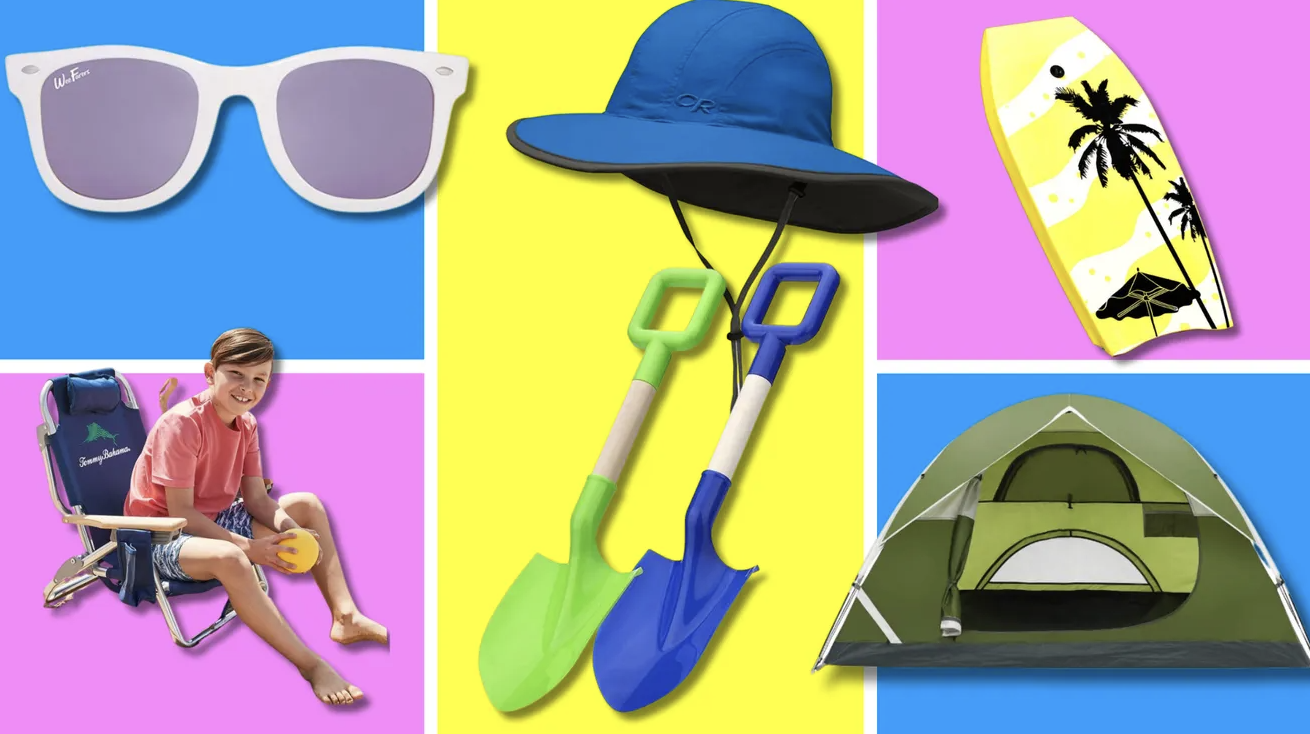 An array of beach gear for kids, including a chair, a boogie board, sunglasses, a beach tent, shovels, and a beach hat.